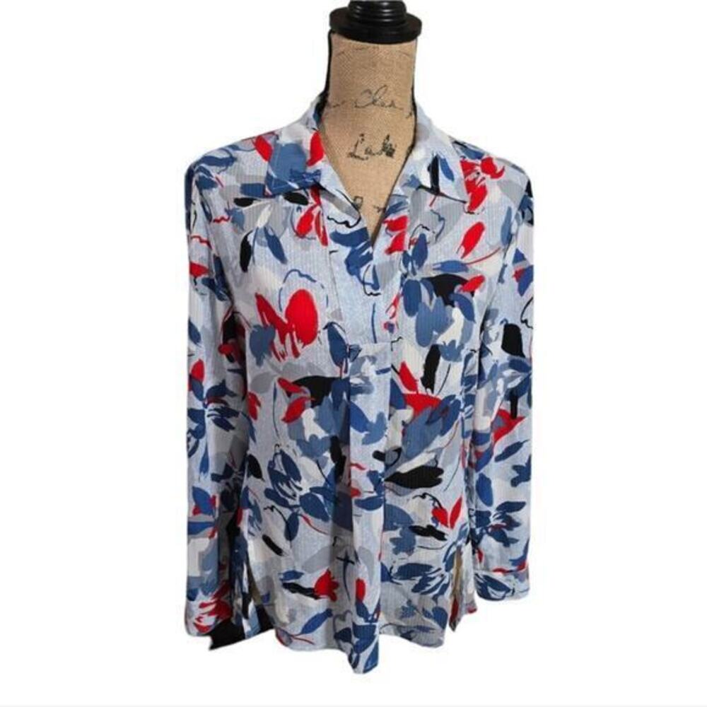 Jones New York Women Blue Red Abstract Floral Roll Tab Sleeve Blouse‎ Small